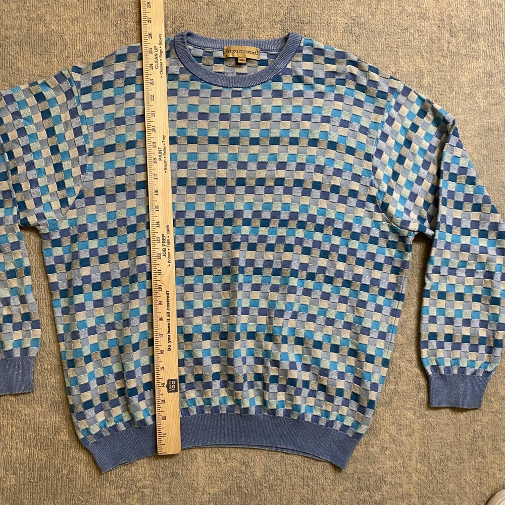 Vtg Tricots St Raphael Sweater Mens XL Blue Geometric Checkerboard 100% Cotton - Picture 4 of 12